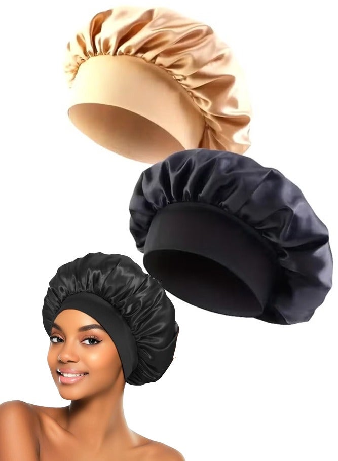 2Pcs Silk Bonnet for Sleeping, Satin Hair Bonnets, Soft Elastic Band Silk Sleep Cap, Hair Wrap for Women (Black Gold) - Image 1